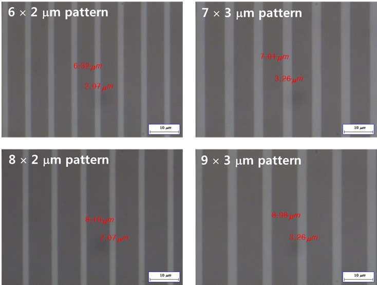 Test 에 적용된 ELOG 패턴. (6㎛ x 2㎛, 7㎛ x 3㎛, 8㎛ x 2㎛, 9㎛ x 3㎛)