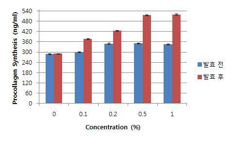 인삼 열매 추출물의 발효 전,후 콜라겐 생성 활성 결과.