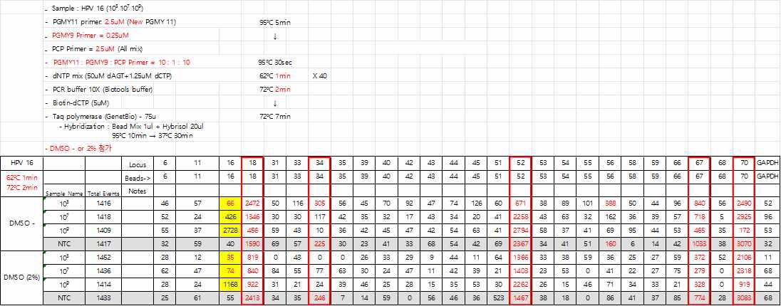 PGMY11. PGMY9, PCP primer를 사용하여 DMSO 효과 확인