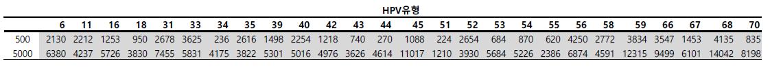 HPV one step에서 표준품 26종 102, 103 copy 민감도 확인