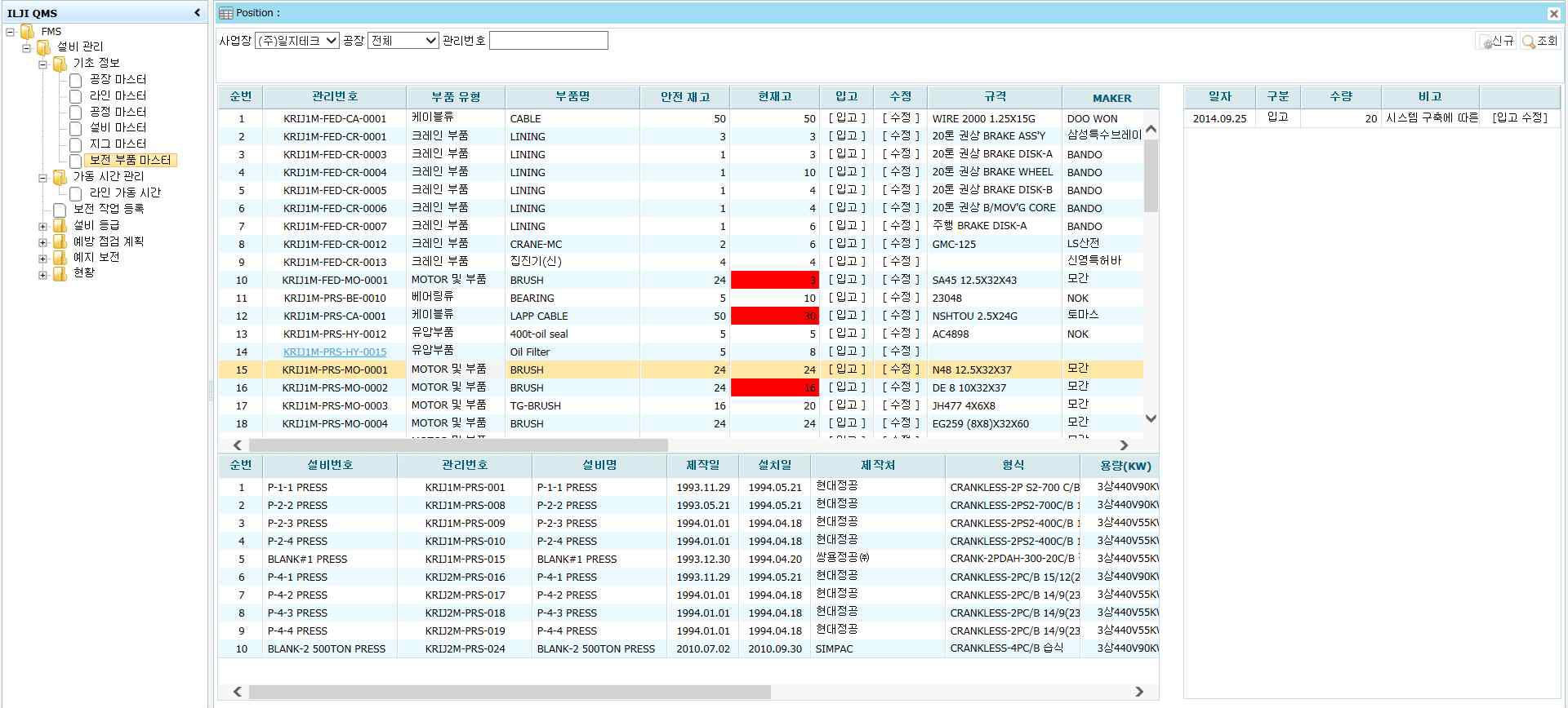 부품 마스터 보전 현황 조회