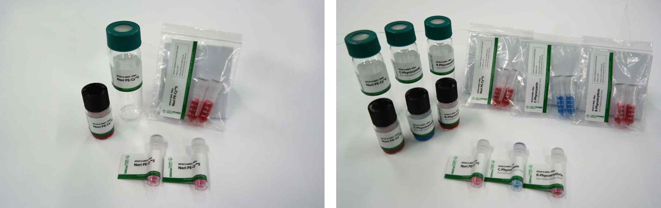 그림 24. 본 사업을 통해 상품화한 복합형광염료 Nori PE-Cy™5(좌)와 형광염료 3종세트(우)