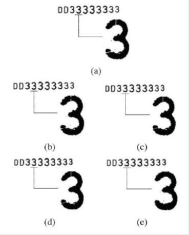 Morphological 적용 (a) origin number, (b) erosion, (c) dilation, (d) opening, (e) closing.