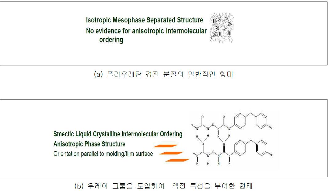 폴리우레탄 경질 분절의 일반적인 형태(a)와 액정 특성을 부여한 형태(b)