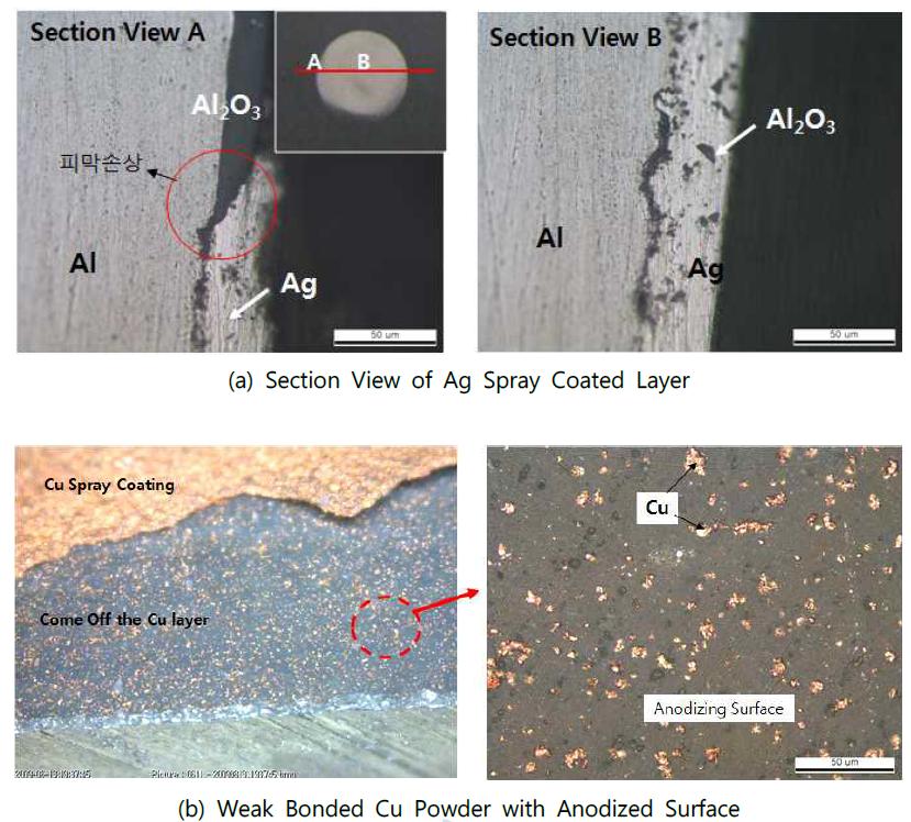 Ag, Cu Cold Spray Coating의 표면 및 단면 사진