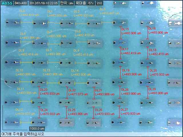 분류된 칩(chip) 간격 측정(500㎛)
