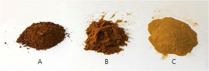 Products of spray-dried, fermented red ginseng. A, 10% dextrin added; B, 20% dextrin added; C, 30% dextrin added.