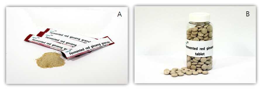 Fermented red ginseng granule(A) and tablet(B).