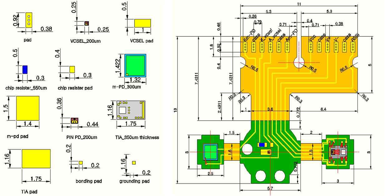 각 소자 dimension과 1차 설계된 F-PCB 도면