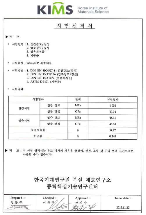 UD Glass/PP 시험 성적서 (재료연구소)