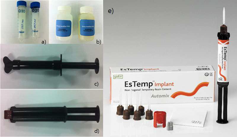 a)신규 합성한 우레탄메타크릴레이트 (DST-100, 101), b) POSS분자를 함유하는 methacryl변성 UDMA유도체 (DSTP-101) c) 일액형 광중합형 임플란트용 레진시멘트,d) 이 액형 자가중합형 임플란트용 레진시멘트 e) 최종목표인 이원중합형 이액형 임플란트용 임시 레진시멘트.