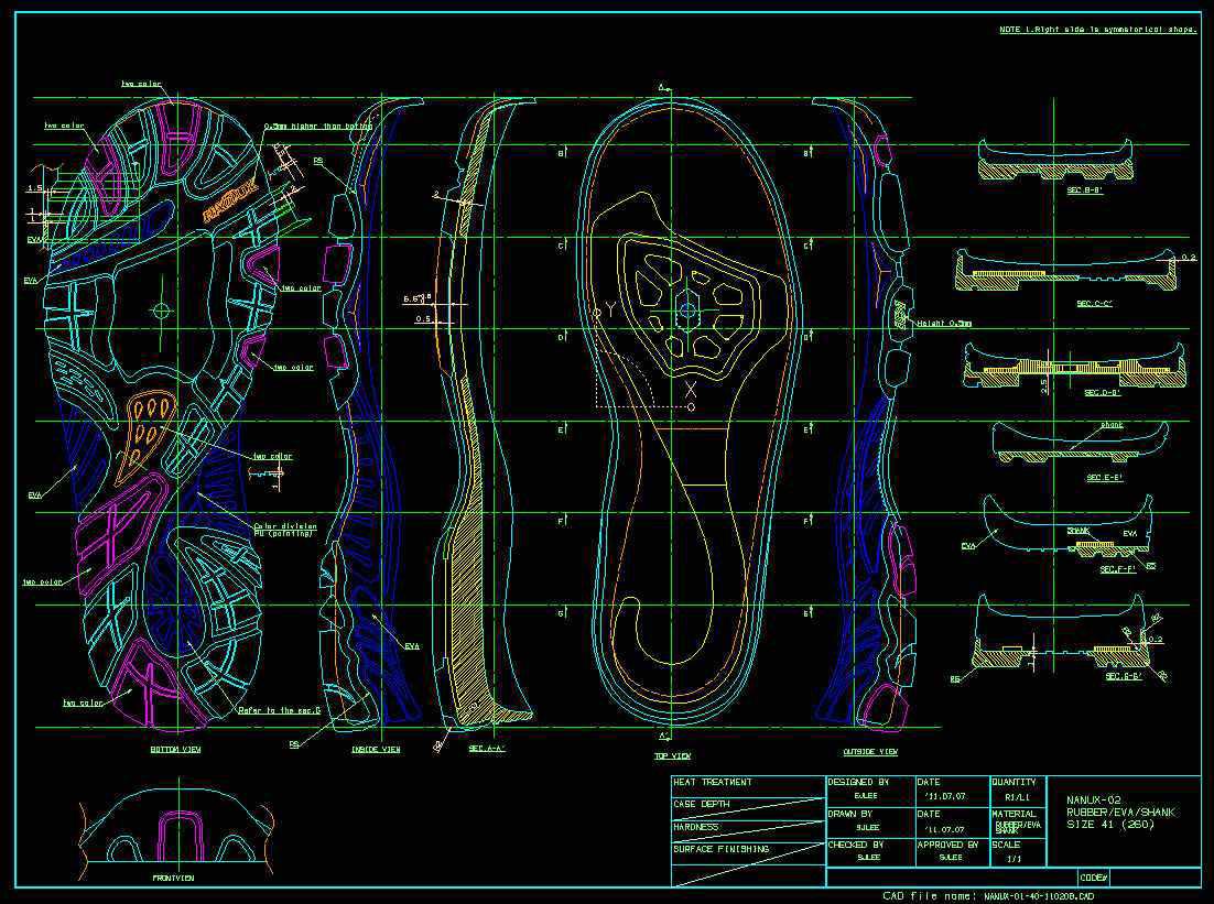 1차 아웃솔의 미드솔,EVA솔의 도면