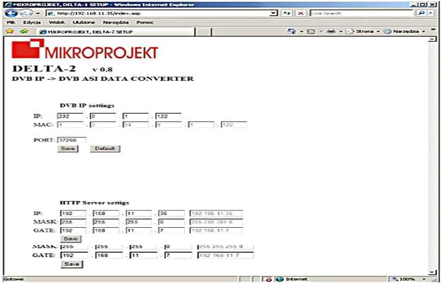 MIKROPROJEKT의 접속장치 및 다중화 장치(Delta)의 Web설정 화면