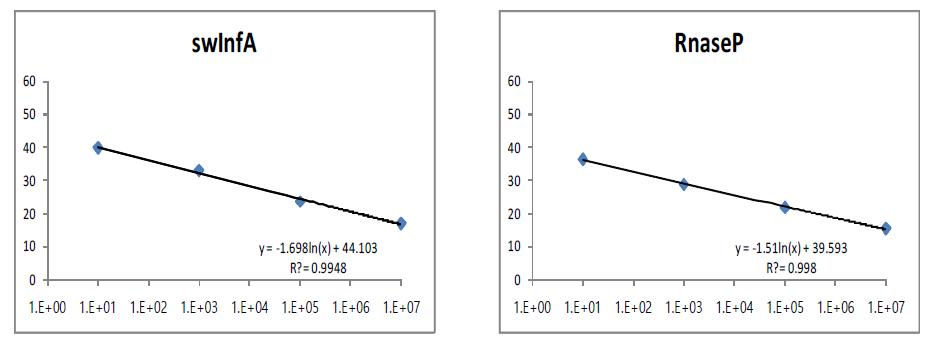 swInfA, RnaseP 각 copy수에 따른 Ct값 log화