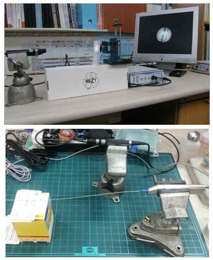 Schoelly endoscope와 직접 제작한 마이크로 내시경의 영상 비교 실험 장면