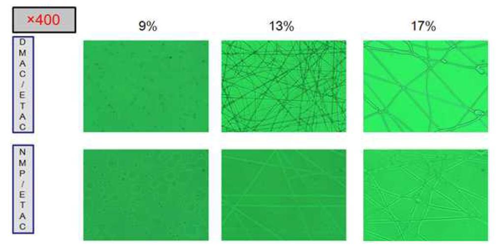 DMAc/ETAC과 NMP/ETAC 공용매 시스템을 사용하여 제조한 용액의 전기방사 현미경 사진.