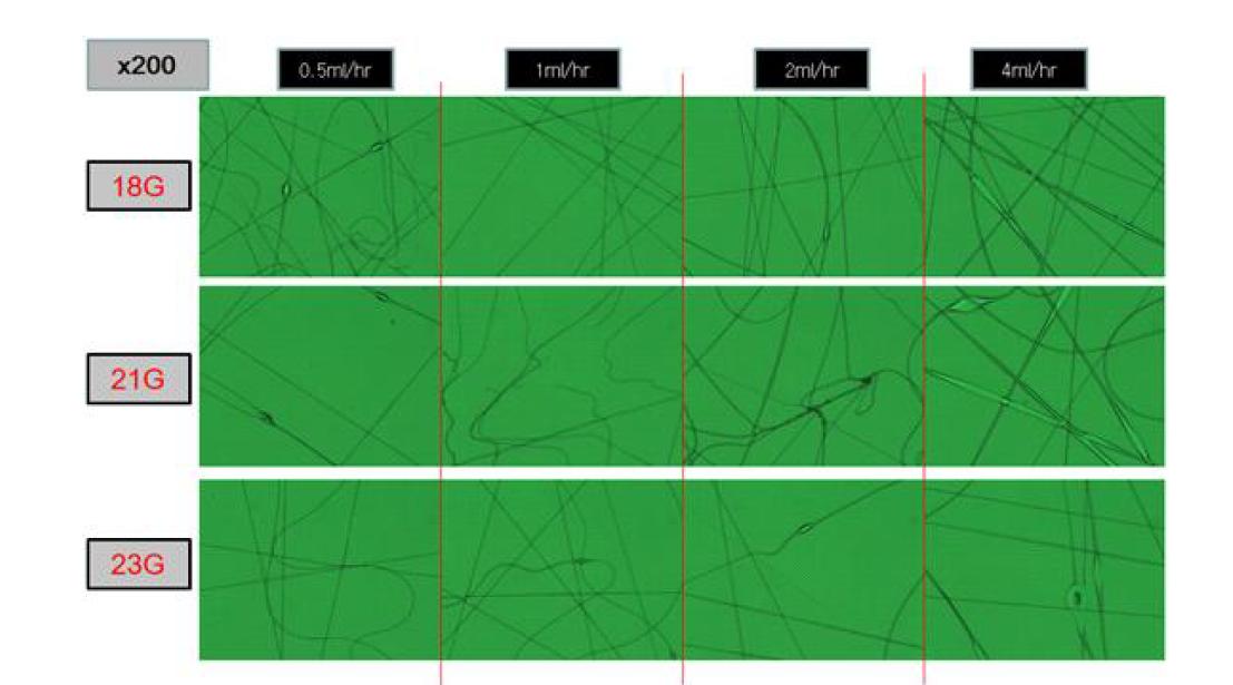 노즐 크기별(18, 21, 23G) 전기방사 현미경 사진.