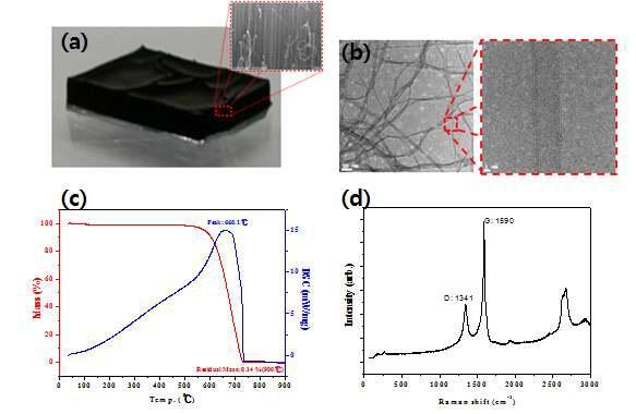 기판이송장치를 이용하여 수증기 첨가 ThCVD 법으로 성장시킨 탄소나노튜브. (a) 1.4 mm 높이의 Thin MWCNT 필름, (b) 성장된 Thin MWCNT의 투과전자현미경 사진, (c) 성장된 Thin MWCNT의 TG-DTA, (d) 성장된 Thin MWCNT의 FT-Raman.