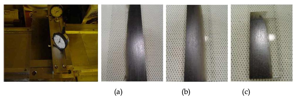 닥터 블래이드 장비와 두께별로 tape casting 시편의 사진: (a)10㎛, (b)20㎛, (c)30㎛