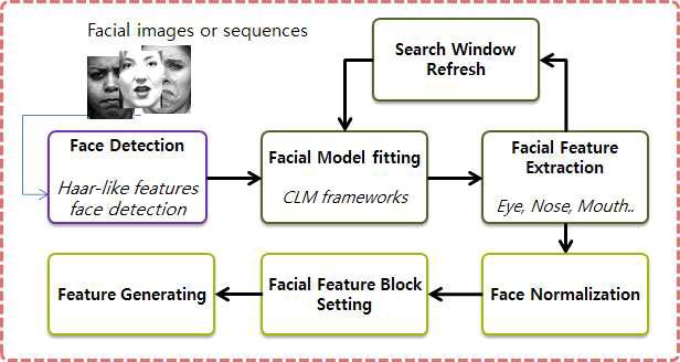 얼굴 검출 및 추적을 이용한 얼굴 정규화와 영역별 특징 추출 구조도