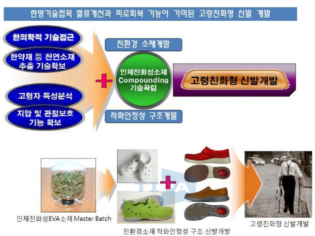 한방기술을 접목한 혈류개선과 피로회복 기능이 가미된 고령친화형 신발 개발 기본 개념도