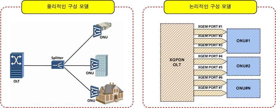 OLT-ONT 물리적 및 논리적 구성