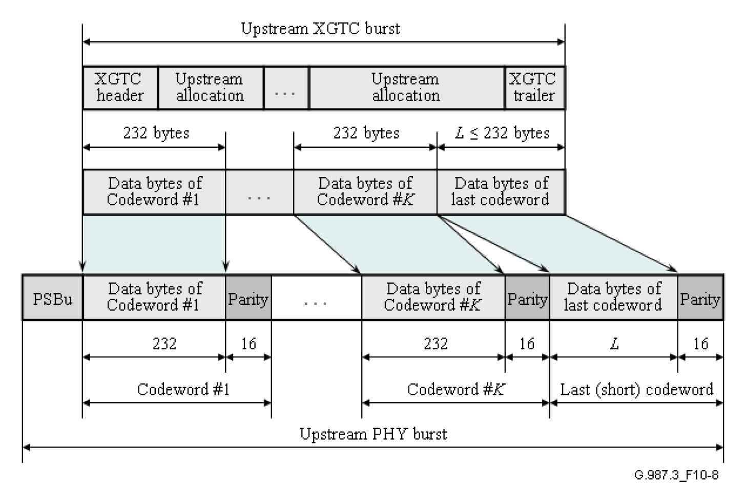 Upstream transmission with FEC parity bytes insertion