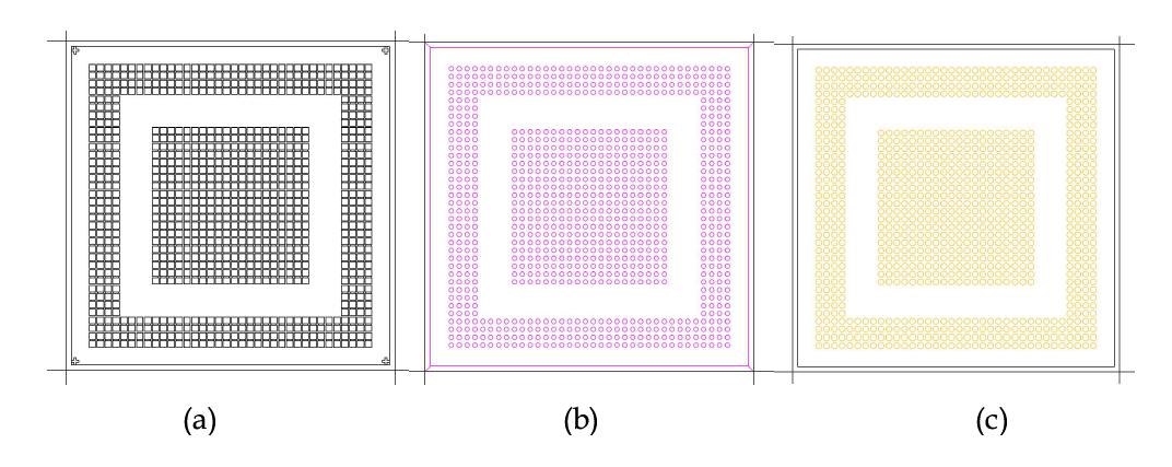 60 ㎛ 피치 Cu pillar bump 소자 제작을 위한 마스크 패턴 (a) 패드 마스크 패턴 (b) 절연체 via open을 위한 마스크 패턴 (c) Bump 마스크 패턴