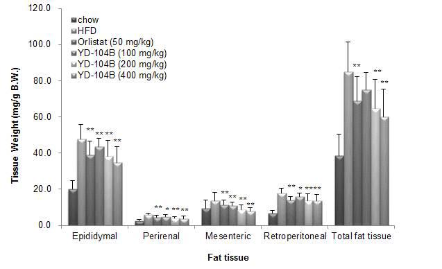 8주간 HFD 유도 및 제니칼 또는 YD-104B 투여군의 개체로부터 분리된 지방조직의 무게 비교