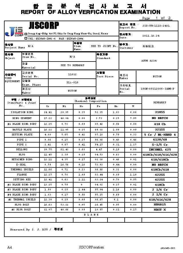 Row 1 Blade Ring 합금 원소 분석 보고서