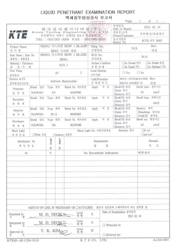 액체 침투 탐상 검사 보고서