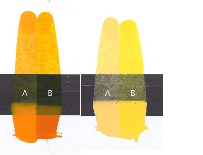 Color test of (A) standard and (B) synthetic sample.