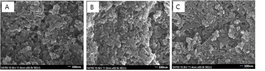 FE-SEM pictures of samples prepared with dispersing agent (no addition) at (A) pH=4.5, (B) pH=7.5, and (C) pH=10.5