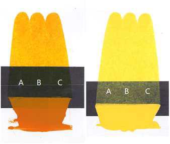 Color test of samples prepared with dispersing agent (no addition) at (A) pH=4.5, (B) pH=7.5, and (C) pH=10.5