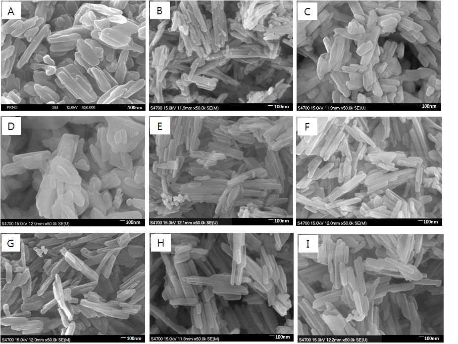 FE-SEM pictures of sample; (A) standard sample, (B) post-treatment with Hexane, (C) Toluene, (D) O-dichlorobenzene, (E) IPA, (F) Buthyl acetate, (G) MIBK, (H) Ethyl acetate, and (I) MEK