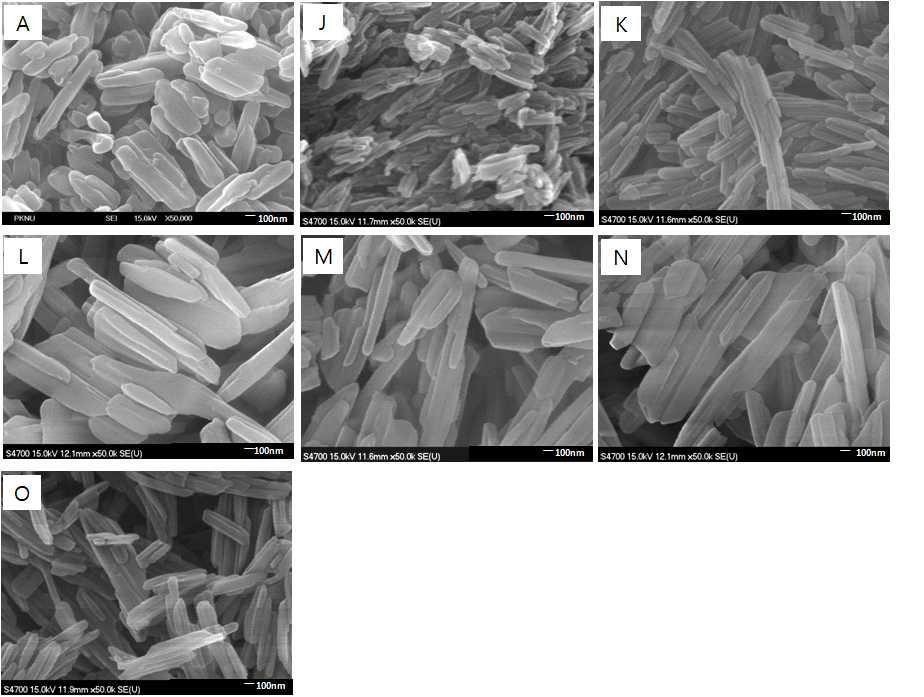 FE-SEM pictures of sample; (A) standard sample, (J) post-treatment with EtOH, (K) Acetonitrile, (L) THF, (M) DMAC, (N) NMP, and (O) DMSO