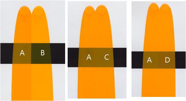 Color test of sample; (A) standard sample, (B) post-treatment with Hexane, (C) Toluene, and (D) O-dichlorobenzene.