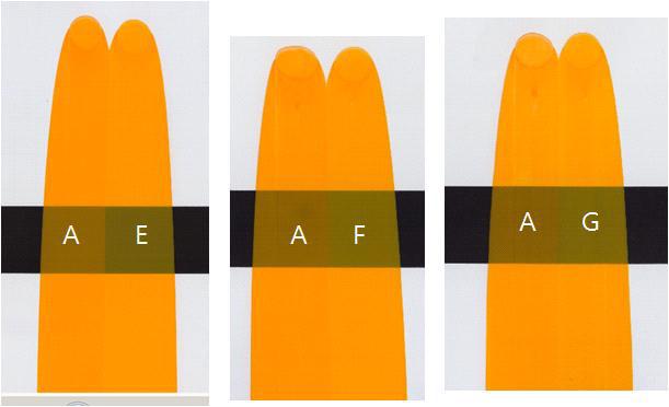 Color test of sample; (A) standard sample, (E) post-treatment with IPA, (F) Buthyl acetate, and (G) MIBK