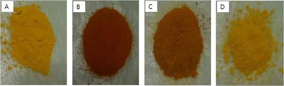 OM pictures of (A) standard sample and samples prepared with various mole ratio of diazo/couple; (B) 1:2, (C) 0.8:2, and (D) 0.5:2.