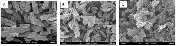 FE-SEM pictures of sample; (A) no post-treatment, (B) post-treatment with butanol + water, and (C) IPA + water