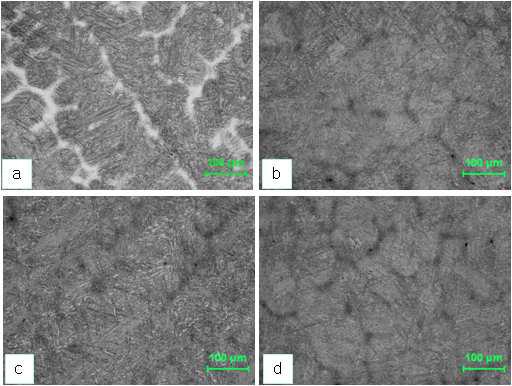 열처리 조건에 따른 미세조직 변화 관찰(a) 960℃/30min.,O.Q (b) 960℃/30min.,O.Q-700℃/30min.,A.C (c) 960℃/30min.,O.Q-700℃/60min.,A.C (d) 960℃/30min.,O.Q-700℃/300min.,A.C