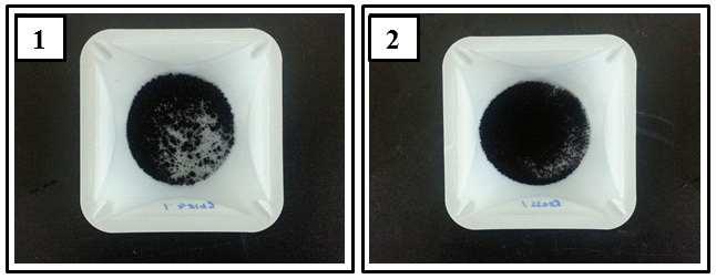 Nickel Chloride Solution에서 (1) pH 6, (2) pH 7일 때 생성된 분말