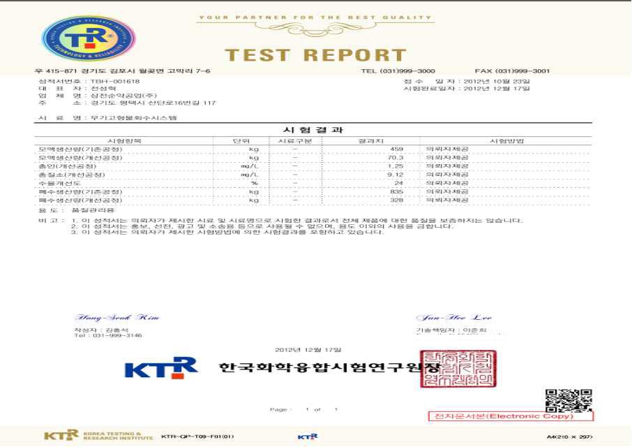 무기고형물 회수시스템 시험평가인증서