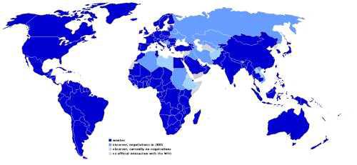 세계 WTO 회원국(파랑색), 참관국(하늘색), 비회원국(회색) 현황