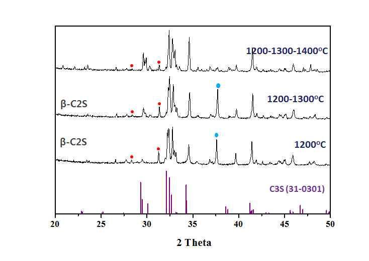 고상법으로 합성한 C3S의 재열처리 온도에 따른 상의 변화