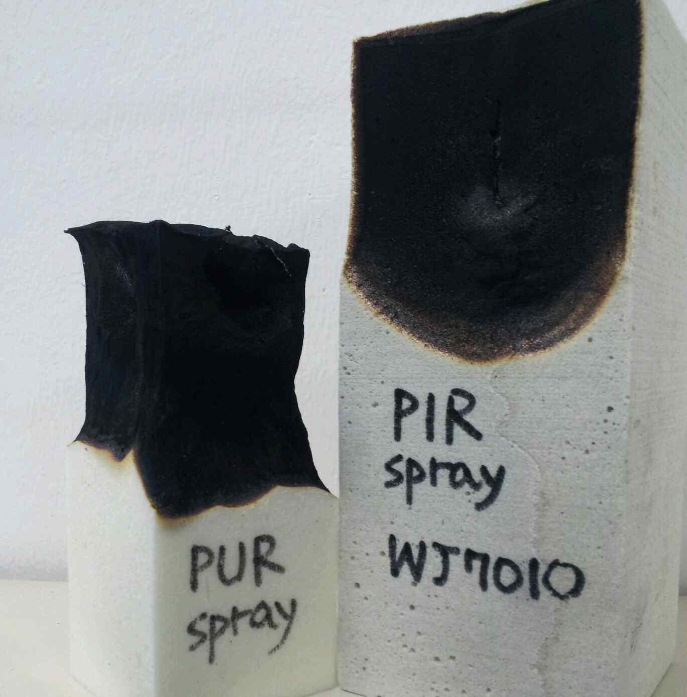 기존 spray foam(좌) 과 본 연구 개발 spray foam(우) 화염 실험
