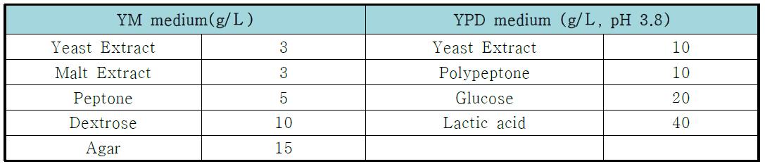 YM과 YPD의 배지조성