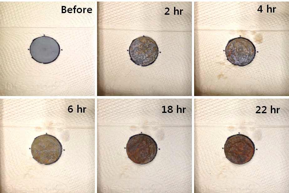 하이브리드 표면처리(950℃, 4시간 보로나이징+이온질화 2시간) 처리된 STS 316L 염수분무 시험결과