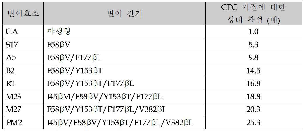 변이 CPC acylase의 아미노산 잔기 및 활성 비교