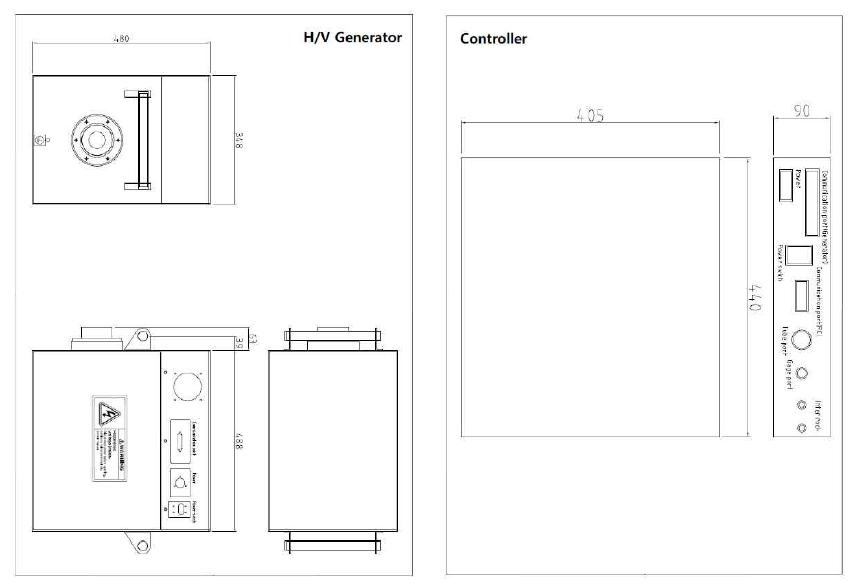 160kV Open Type Micro focus X-ray Tube용 HVG, Controller 외형 및 치수.